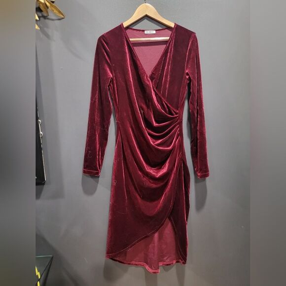 Dresses & Skirts - Velvet Velour Ruched Wrap Dress Mahogany Burgundy Sz L Huhot Long Sleeve